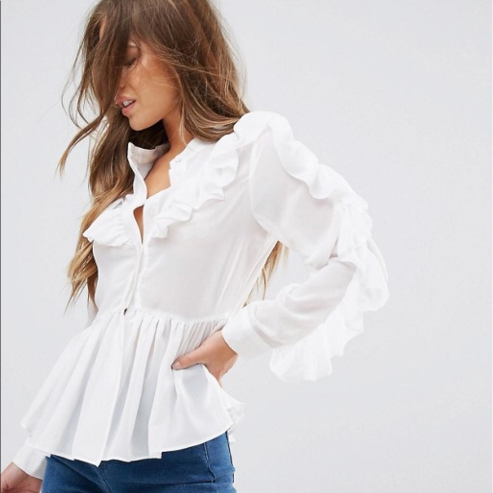 ASOS petite white button down top, flare sleeves